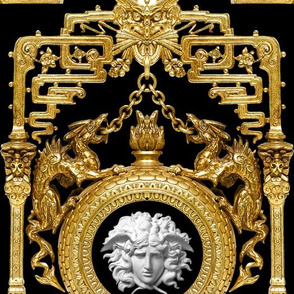 2 dragons gold chains white marble medusa baroque rococo black gold flowers floral filigree fire flames frames Asian Japanese china Chinese oriental chinoiserie gorgons Greek Greece mythology far east meets west fusion ornate   inspired  