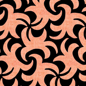 Coral on Black Linen Texture Whirling Sprouts