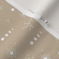 Astrophysics stars moon phase and sunshine boho design nursery neutral soft beige sand pastel