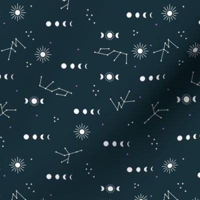 Astrophysics stars moon phase and sunshine boho design nursery neutral navy blue night