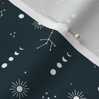 Astrophysics stars moon phase and sunshine boho design nursery neutral navy blue night