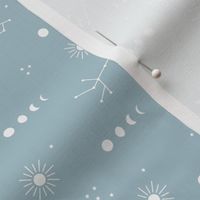 Astrophysics stars moon phase and sunshine boho design nursery neutral soft blue baby