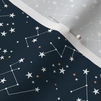 Hand drawn astrophysics stars and constellation universe nursery boho design neutral navy blue night yellow