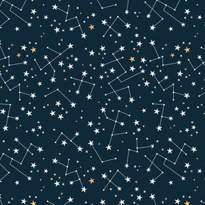 Hand drawn astrophysics stars and constellation universe nursery boho design neutral navy blue night yellow