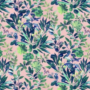 Dark Blue and Green Garden Leaves on Pink - small