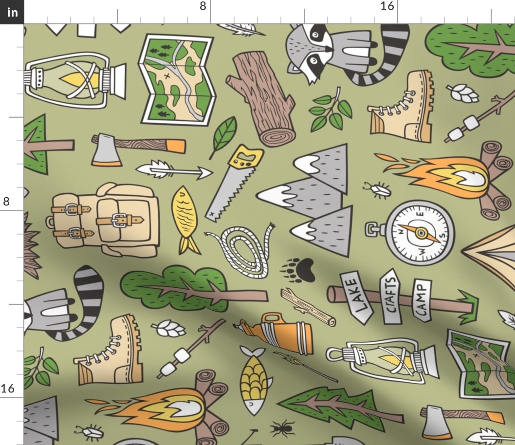 Outdoors Camping Woodland Doodle with Campfire, Raccoon, Mountains, Trees, Logs on Green Large Scale Rotated