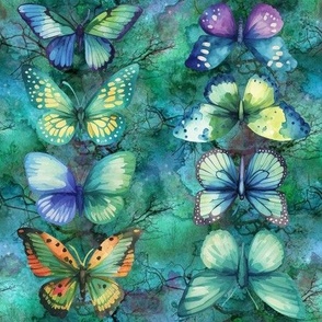 WATERCOLOR BUTTERFLIES OPPOSITE STRIPES  TURQUOISE EMERALD FLWRHT