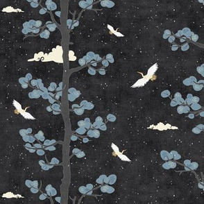 Forest Fabric, Crane Fabric in Black & Gold (small scale) | Bird fabric in dark, charcoal grey with red and gold. Japanese print fabric, tree fabric with cranes and snow.