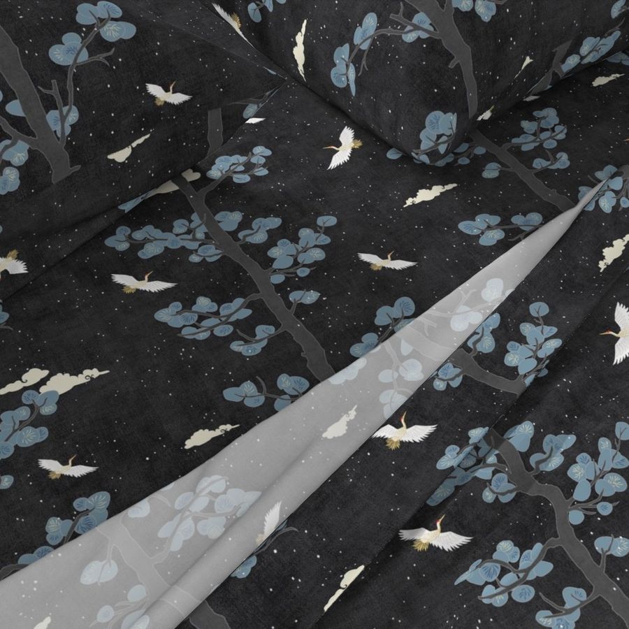 Forest Fabric, Crane Fabric in Black & Gold (medium scale) | Bird fabric in dark, charcoal grey with red and gold. Japanese print fabric, tree fabric with cranes and snow.