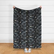 Forest Fabric, Crane Fabric in Black & Gold (large scale) | Bird fabric in dark, charcoal grey with red and gold. Japanese print fabric, tree fabric with cranes and snow.