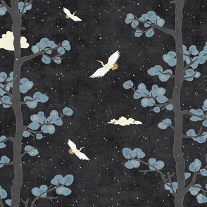 Forest Fabric, Crane Fabric in Black & Gold (large scale) | Bird fabric in dark, charcoal grey with red and gold. Japanese print fabric, tree fabric with cranes and snow.
