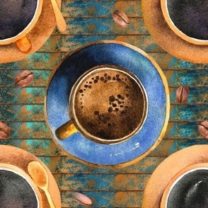 coffee time blue and gold cup blue brown background FLWRHT