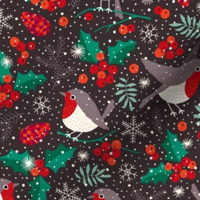 Christmas birds in snow on dark warm gray