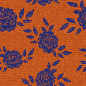 Orange with blue flowers with leaves. Modern floral. 