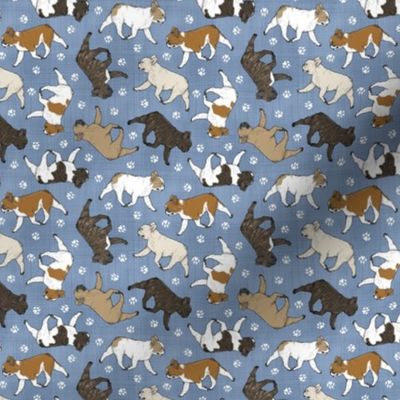Tiny Trotting French Bulldogs and paw prints - faux denim