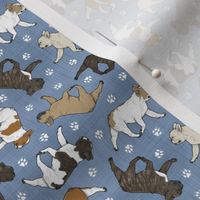 Tiny Trotting French Bulldogs and paw prints - faux denim