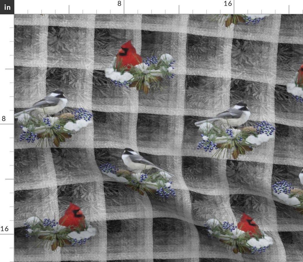 Cardinals and Chickadees on Gray Yardage