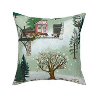 Large Red Christmas Train Magical Express, green, star, mountains, snow, winter, woodland, railroad, baby, kids, home decor, christmas tree
