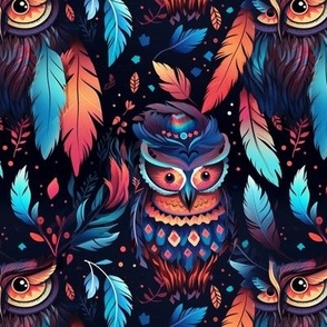 Black background colorful owls