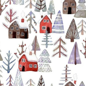 Houses house red winter snow pine trees forest nature