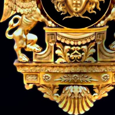 1 griffon gryphon medusa Victorian baroque gold Caduceus snakes serpents rod staff stick wings horn of plenty Cornucopia fruits leaves leaf floral flowers vines shell frame round ornate  Greek roman black birds lions neoclassical rococo   inspired  