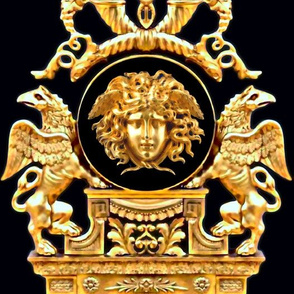 1 griffon gryphon medusa Victorian baroque gold Caduceus snakes serpents rod staff stick wings horn of plenty Cornucopia fruits leaves leaf floral flowers vines shell frame round ornate  Greek roman black birds lions neoclassical rococo   inspired  