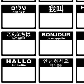 multilingual cut-and-sew 'Hello my name is' labels in a grid -  black and white