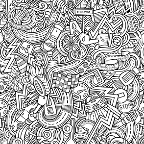 Vehicle outline doodle pattern. Coloring print