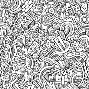 City outline doodle pattern. Coloring print