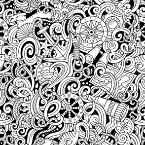 Nautical outline doodle pattern. Coloring print