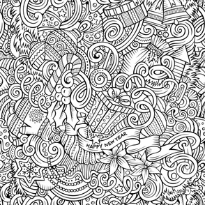 New Year outline doodle pattern. Coloring print