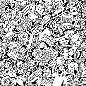 Sport outline doodle pattern. Coloring print