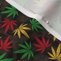 ★ RASTA WEED ★ AFRICAN BATIK / WAX INSPIRED - Red + Yellow + Green on Dark Brown - Small scale / Collection : Cannabis Factory 1 – Marijuana, Ganja, Pot, Hemp and other weeds prints