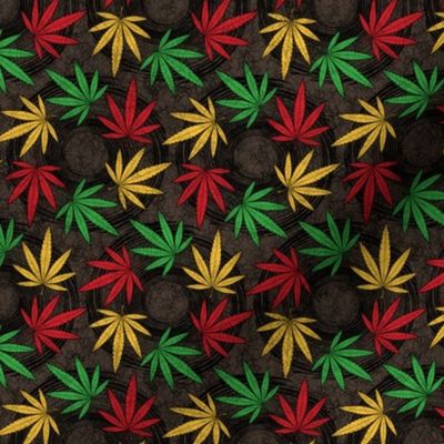 ★ RASTA WEED ★ AFRICAN BATIK / WAX INSPIRED - Red + Yellow + Green on Dark Brown - Small scale / Collection : Cannabis Factory 1 – Marijuana, Ganja, Pot, Hemp and other weeds prints