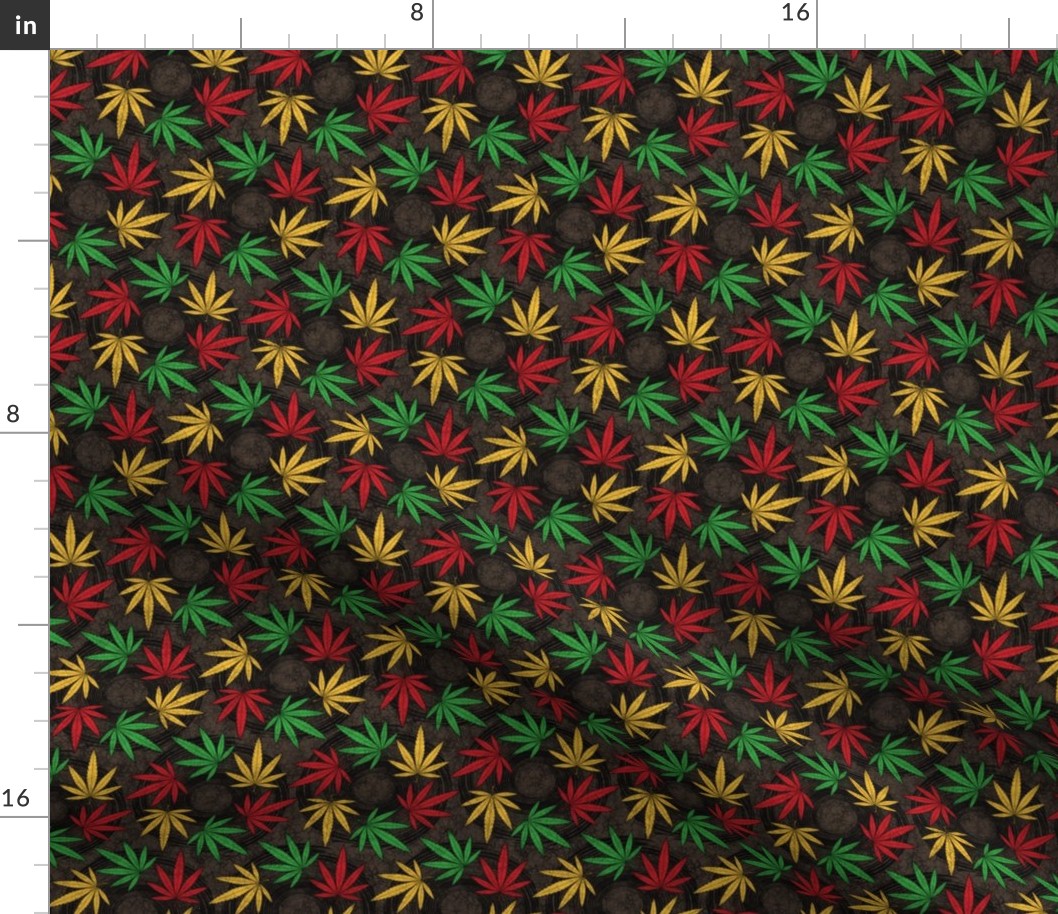 ★ RASTA WEED ★ AFRICAN BATIK / WAX INSPIRED - Red + Yellow + Green on Dark Brown - Small scale / Collection : Cannabis Factory 1 – Marijuana, Ganja, Pot, Hemp and other weeds prints