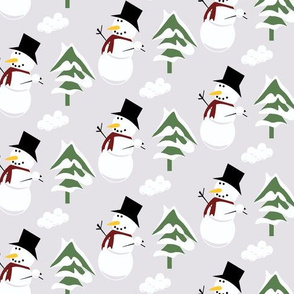 snowman with red scarf, trees and snowballs