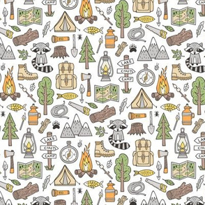 Outdoors Camping Woodland Doodle with Campfire, Raccoon, Mountains, Trees, Logs on White Smaller 1,5 inch