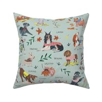 Modern cute colourful dogs on blue with botanical flowers and leaves