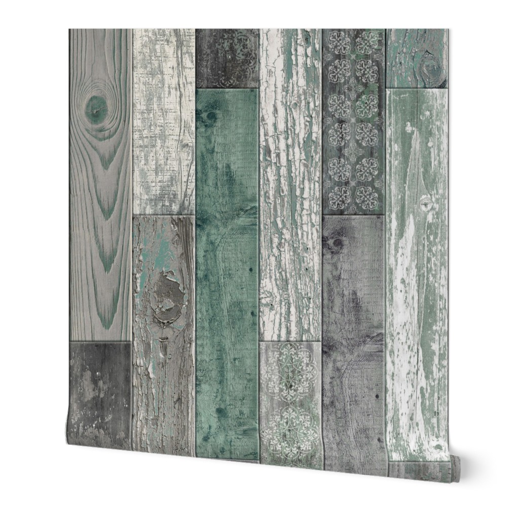 Vintage Wood Random Tiles Green Grey 