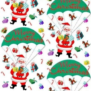 Santa Claus Merry Christmas candy canes sweets gifts presents parachute rocking horses toys teddy bears green red blue purple sky white vintage retro kitsch parachutist colorful