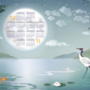 Moonrise Calendar 2021 | Lake and mountain landscape with moon, crane, dragonflies and koi, fabric calendar tea towel.