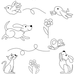 Dogs Cats and Birds Linework Black and White