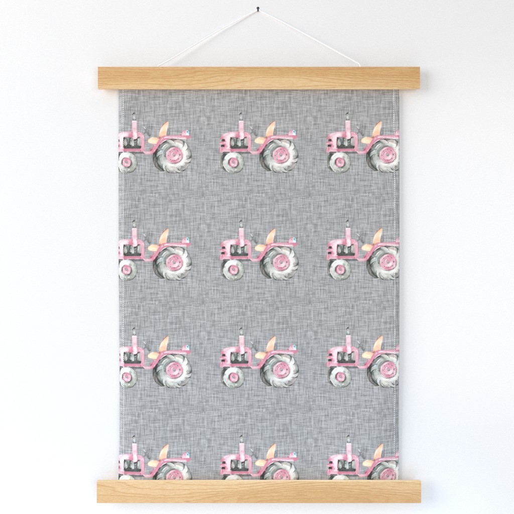 6 in Pink Tractors on Grey Linen