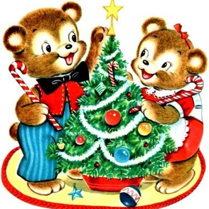 Merry Christmas trees bears bows baubles ornaments stars candy canes streamers vintage blue green red anthropomorphic brown retro kitsch animals children decorating xmas