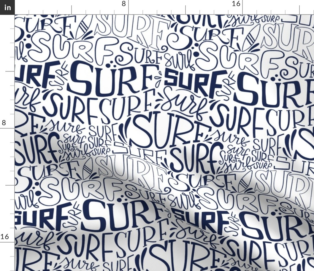 Surf lettering in dark blue