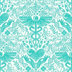 Small scale Health and wellbeing, doctor and nurse, medicine, turquoise green blue