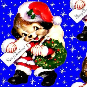 Santa Claus Merry Christmas xmas dogs puppy  wreath sacks candy canes blue red snowflakes stars night vintage retro kitsch mistletoe animals
