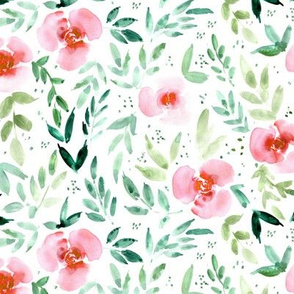 Coral sweet watercolor garden - painted roses and leaves for nursery baby girl home decor - flowers p331