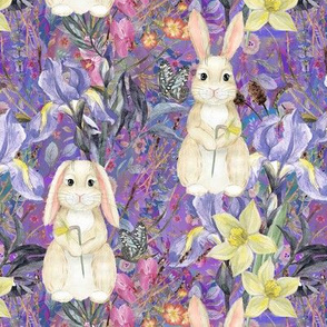 SMALL SPRING BUNNIES AND FLOWERS IRIS AND NARCISSUS PURPLE EASTER MEADOW FLWHT