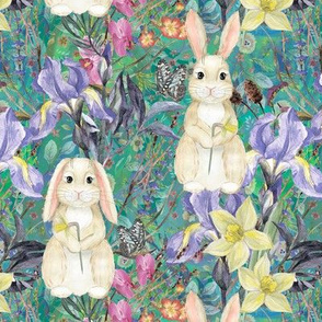 small SPRING BUNNIES AND FLOWERS IRIS AND NARCISSUS GREEN EASTER MEADOW FLWHT